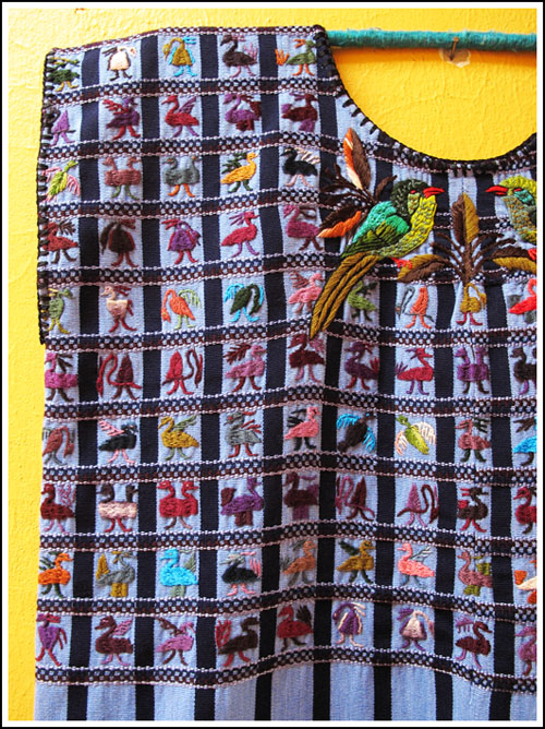 グアテマラ手織り民族衣装鳥刺繍ウィピルワンピース*ブルー 