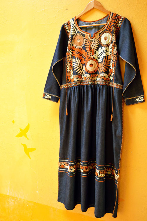 メキシコ刺繍ワンピース*ゴージャスver/デニム地×オレンジ刺繍 